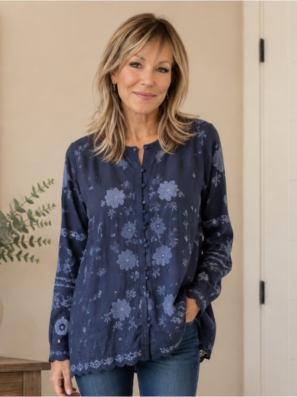 Johnny Was Navy Blue Floral Embroidered Button-Front Blouse
